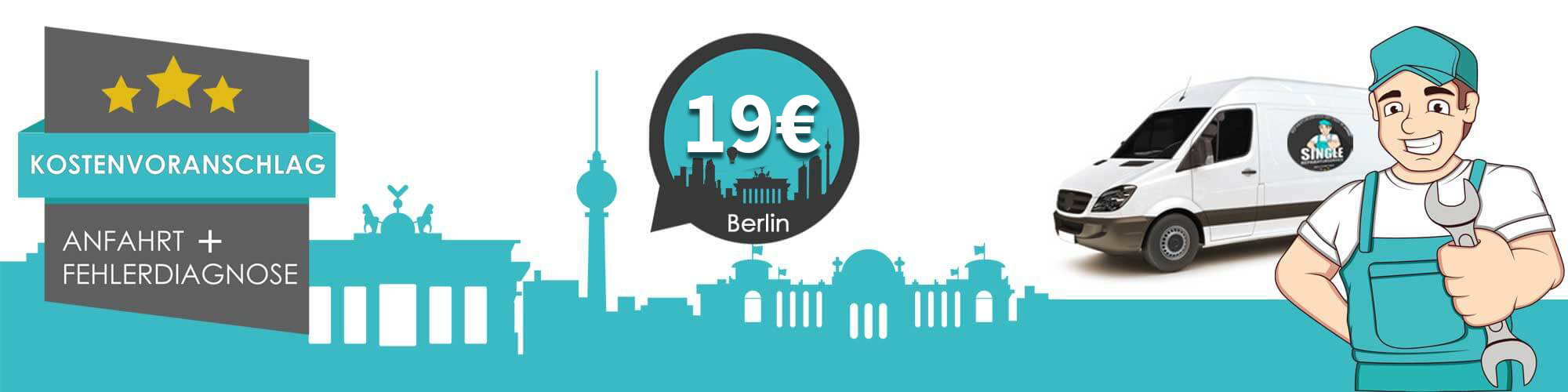 Berliner Skyline als Silhouette mit Illustration Servicetechniker und Kostenvoranschlag-Grafik